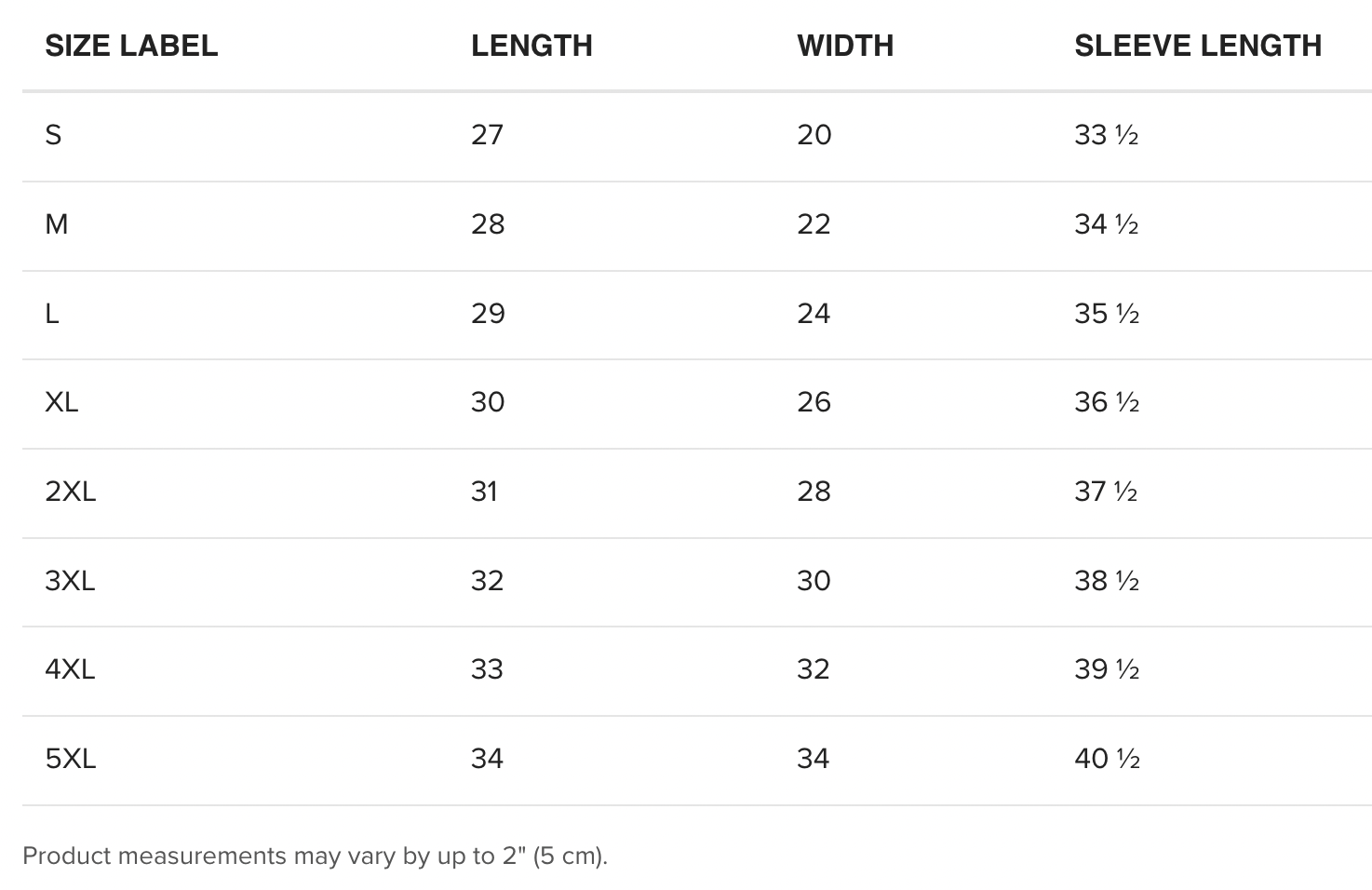 Size Charts - Hoodies